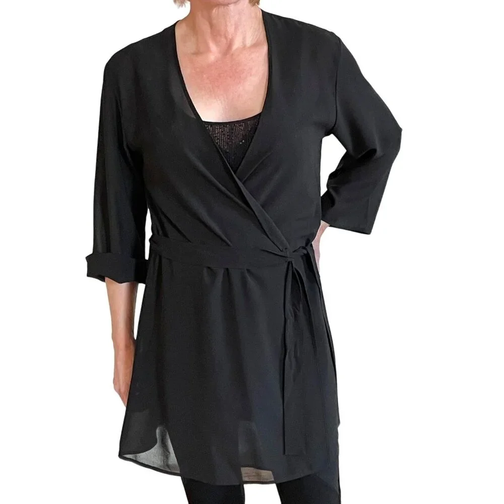 Nine and Company Womens Sheer Black Wrap Intimates Robe sz M